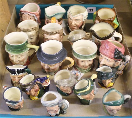 4 Royal Doulton small character jugs, inc Jester, Lumberjack, etc, 9 miniature character jugs & 7 Beswick Dickens jugs